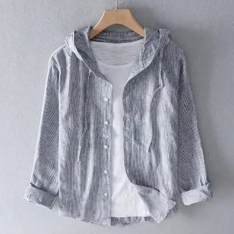 Summer Spring Solid Color Hooded Cotton Hemp Shirt Man Casual Cardigan