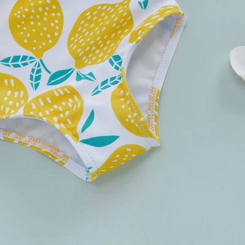 Light Girls' Swimsuit - One-Shoulder Ruffle, Lemon Print, Polyester, Summer Beachwear