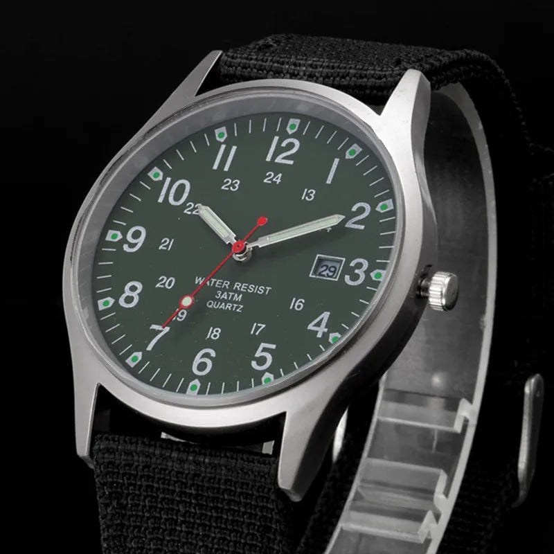 Field Quartz Watch Nylon Strap Military Style Date Luminous