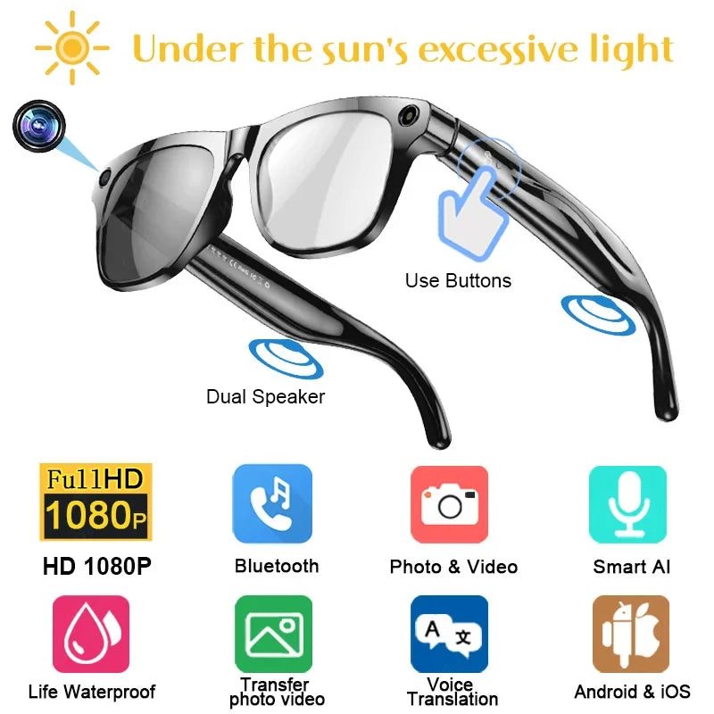 AI 4K Smart Camera Glasses Photochromic Travel Handsfree