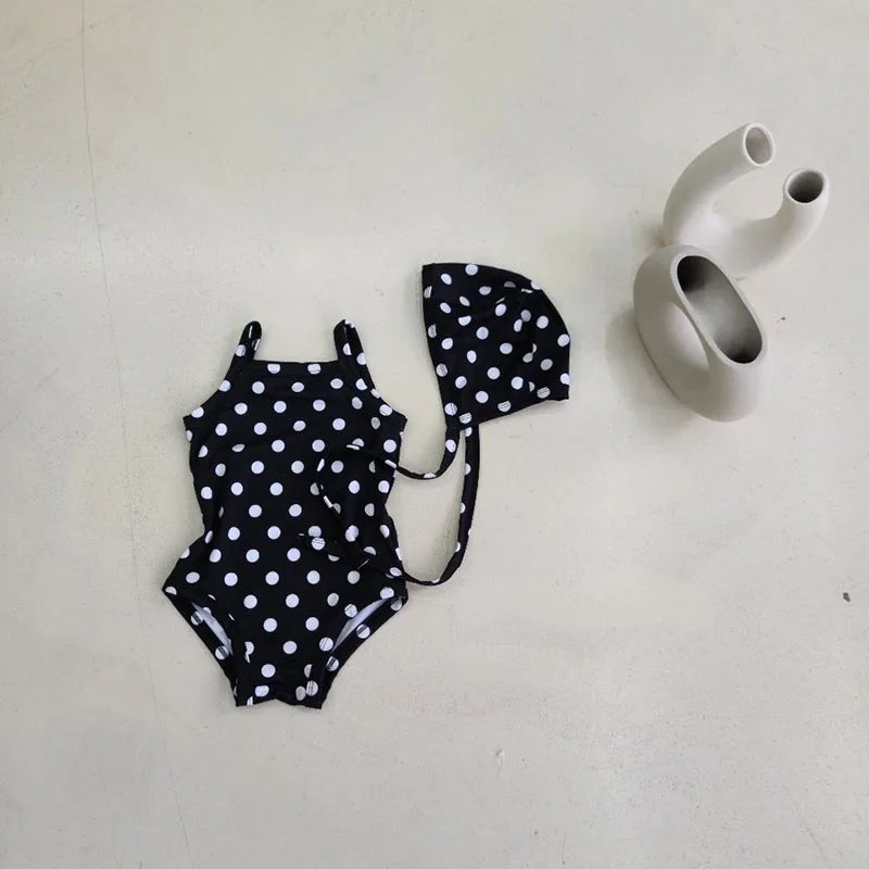 Light baby girls' one-piece swimsuit - polka-dot suspender style with hat, nylon, cozy for summer beach wear