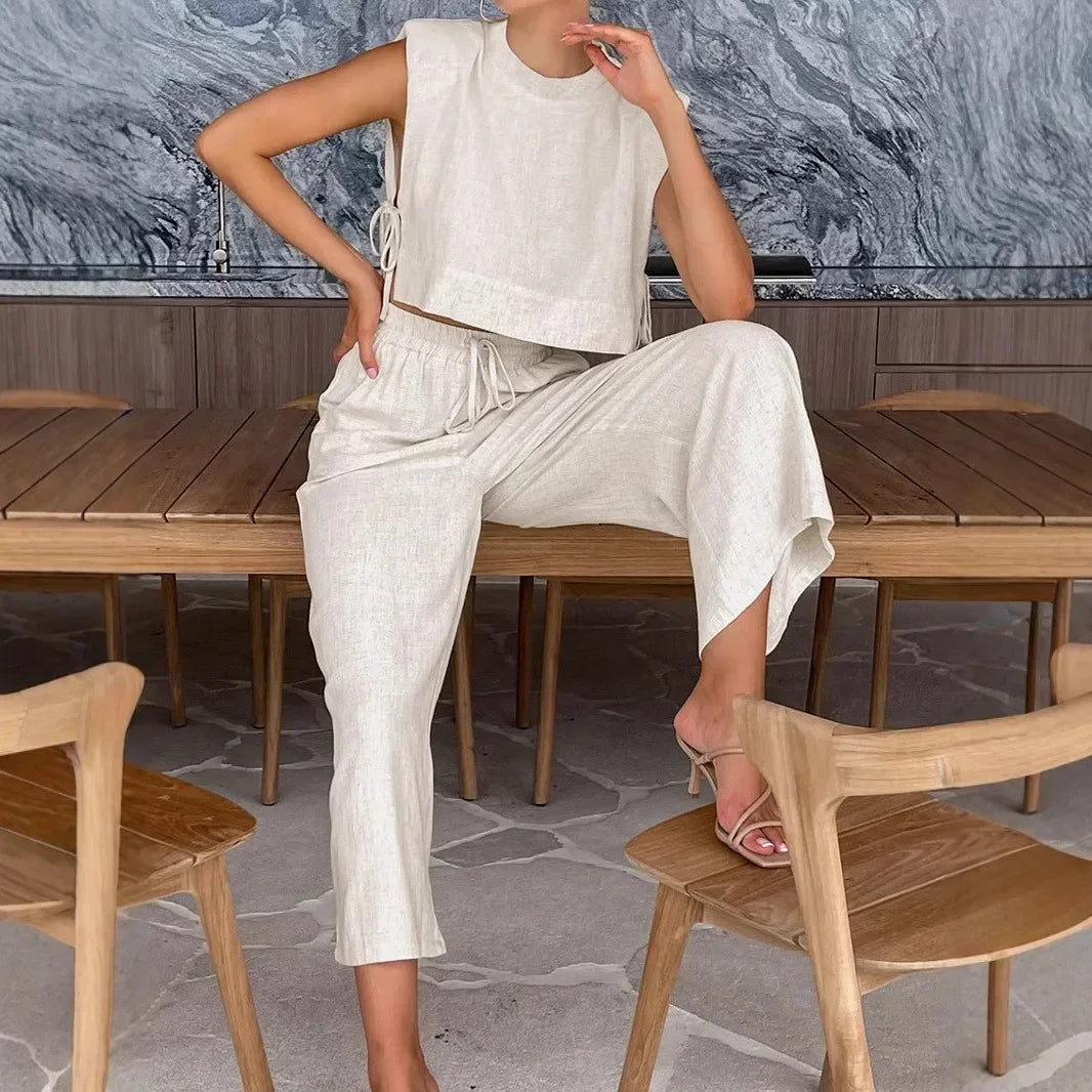 Women's Spring Summer Linen Pant Kit Crop Tops 2-Piece Outfit for Holiday