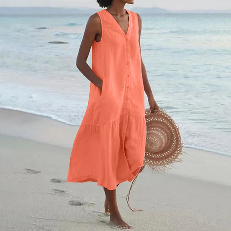 Loose Summer Casual Patchwork Cotton Linen Dress - V Neck Beach Style Midi for Women