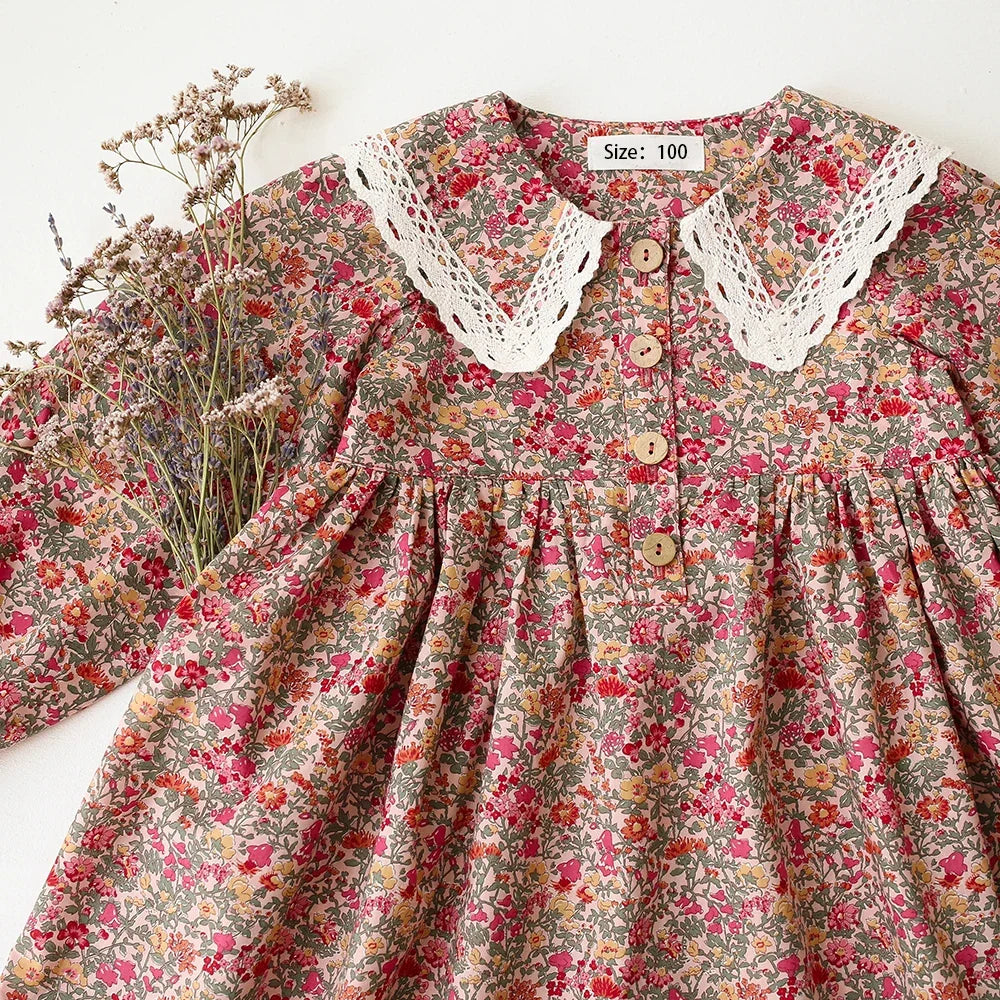 floral long-sleeve knee-length, cotton, for special occasions – Plush classic girls' dress