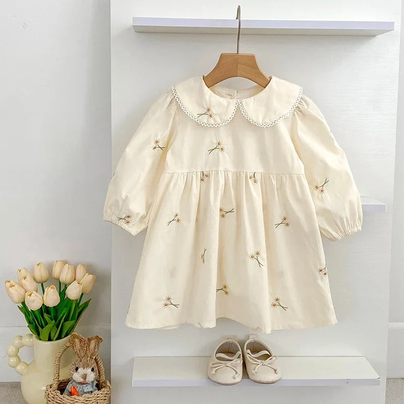 Plush, classic girls' dress - Peter Pan collar, cotton, floral embroidery, mid-calf length for spring