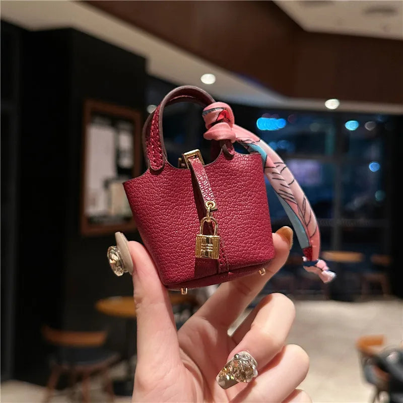 Inspired Birkin Mini Hand Bag - Leather Basket Bag Charm Keychain & Earphone Case
