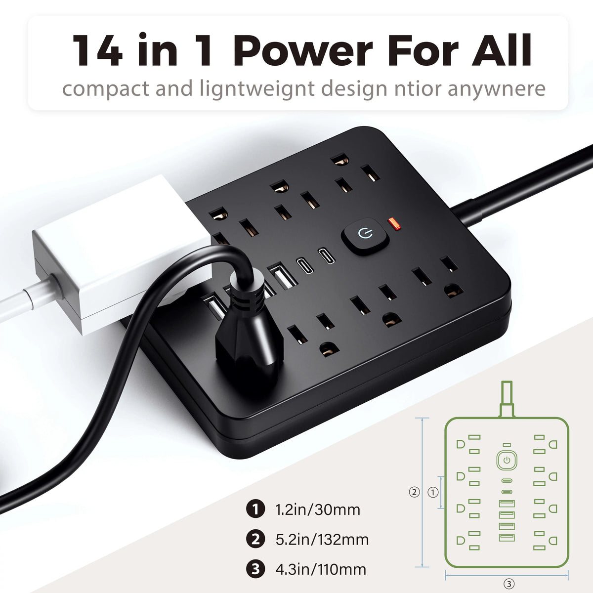 Power 14-in-1 Outlet Surge Protector, 8 AC & 4 USB, Extension Cord for Desktop Charging