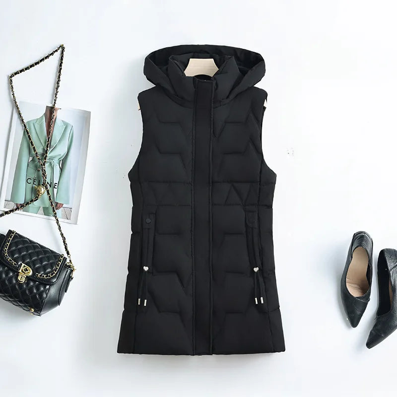 Light Cozy Women Long Puffer Vest - Hooded Down