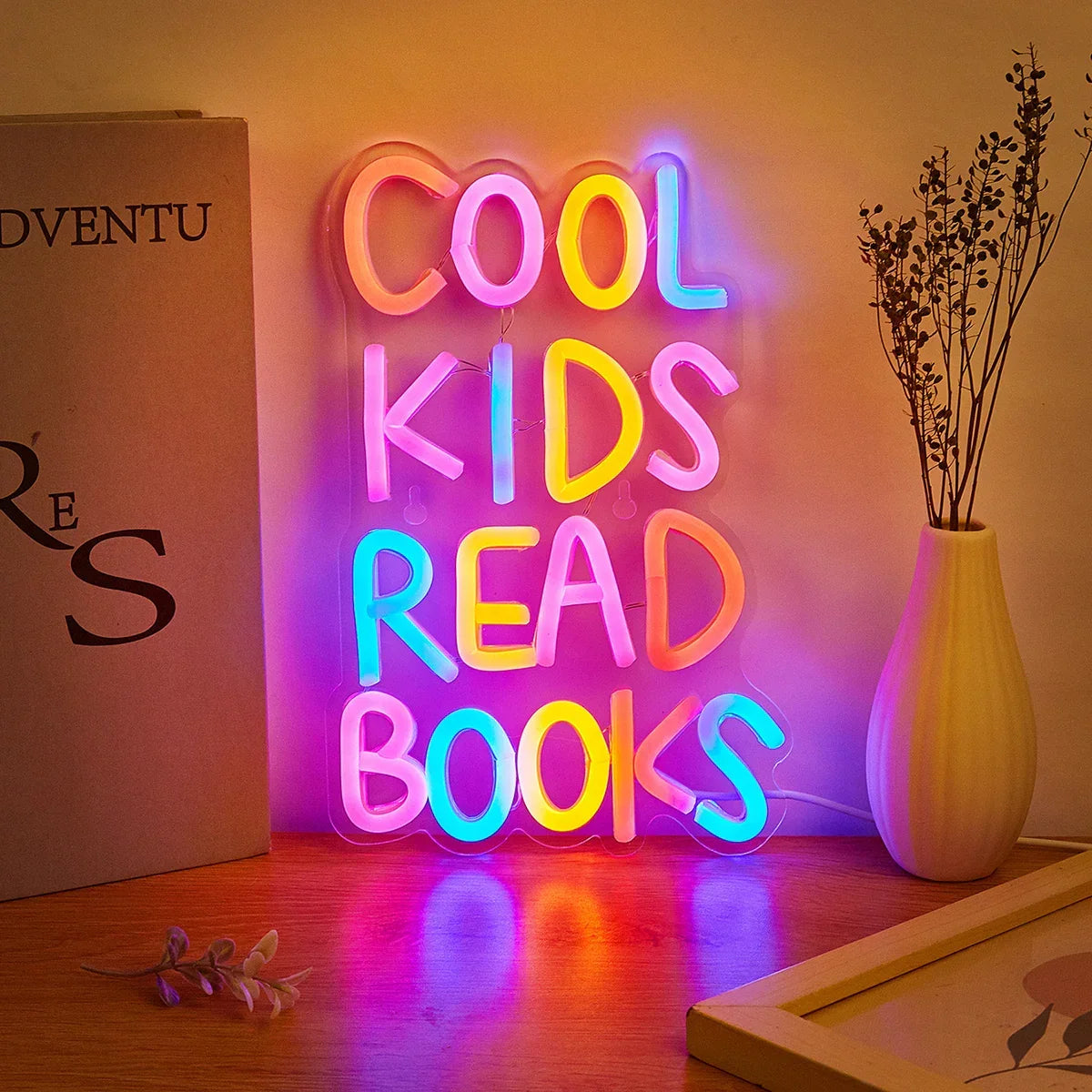 LED2025 Edition Neon Sign Multicolor, Cool Kids Read Books Wall Decor USB Powered, Kids Room Party Wedding Back To School