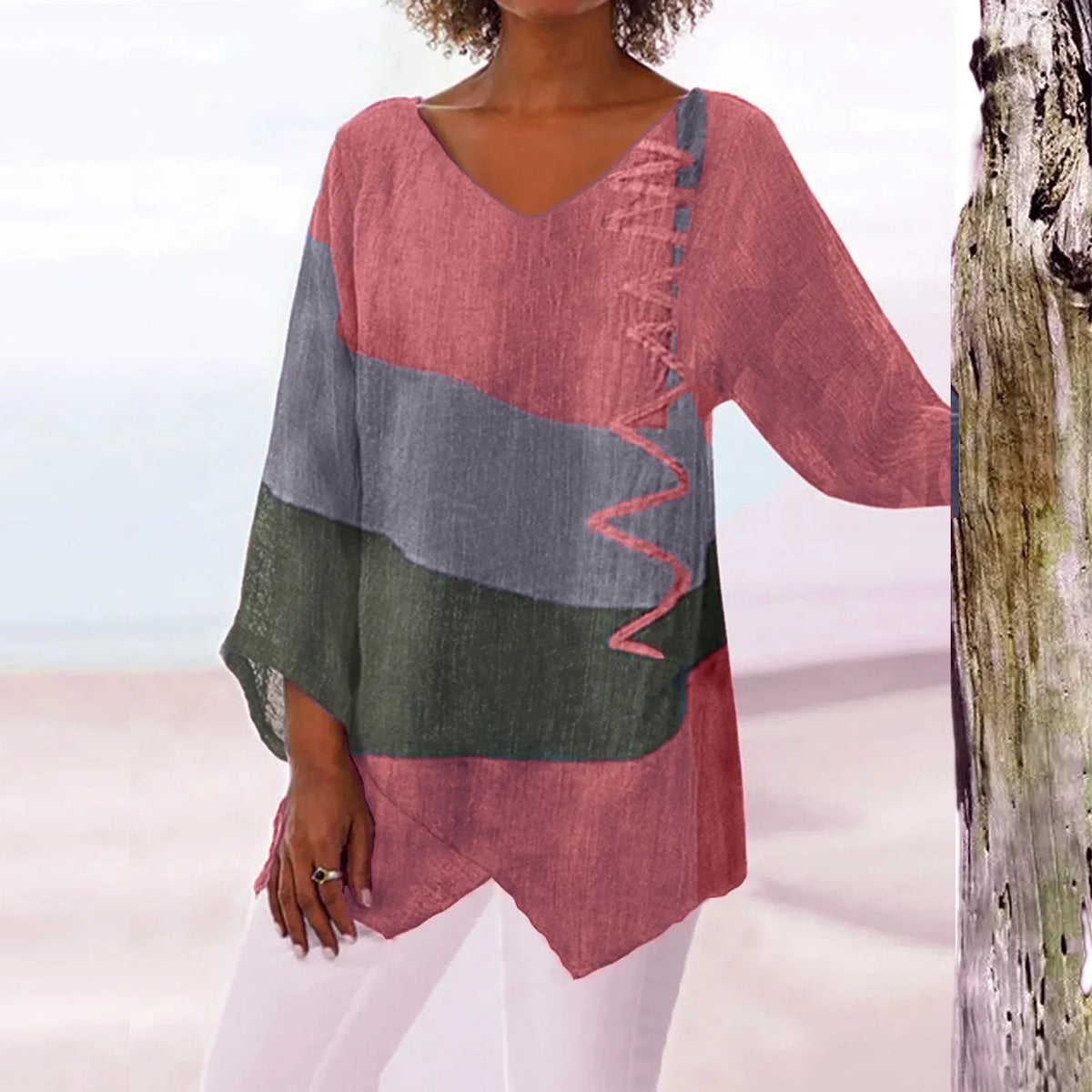 Shirt T Women New Fashion Casual V-Neck Long Sleeve Patchwork Top