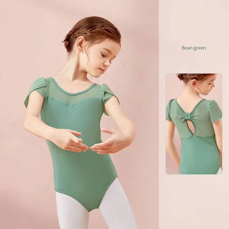 girls' Stretchy ballet leotard - short sleeve, back bow detail, cotton-elastane, for dance class