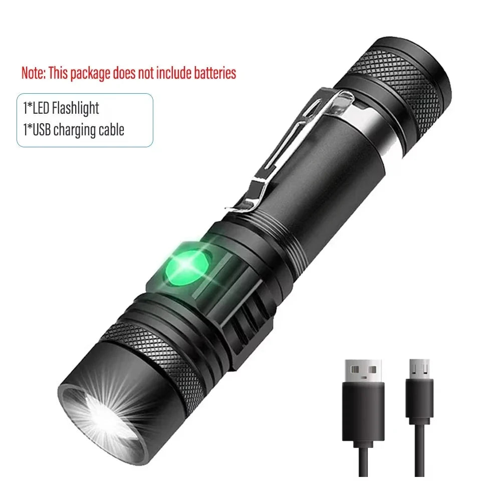 High Power LED Flashlights Zoomable Camping Torch with T6 LED, Water-Resistant, 4 Lighting Modes, USB Charger, Outdoor Emergency Light
