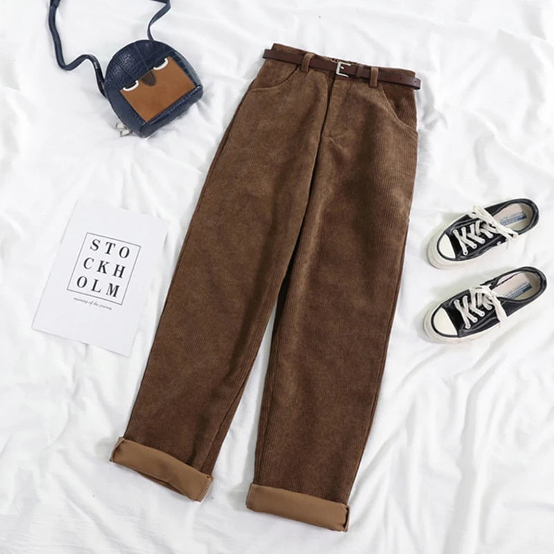 Variant image for High Waist Corduroy Pants for Women, Wide Leg Cotton Trousers in Black and Coffee, Comfortable Casual Style-6