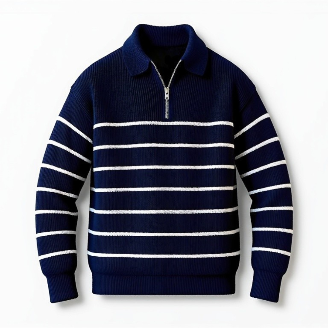 Plush Timeless Men’s Striped Sweater - Zip Collar, Cotton