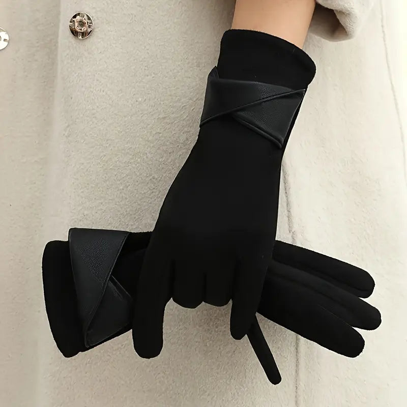 Women's Warm Winter Gloves - Faux Leather Cuff, Fleece