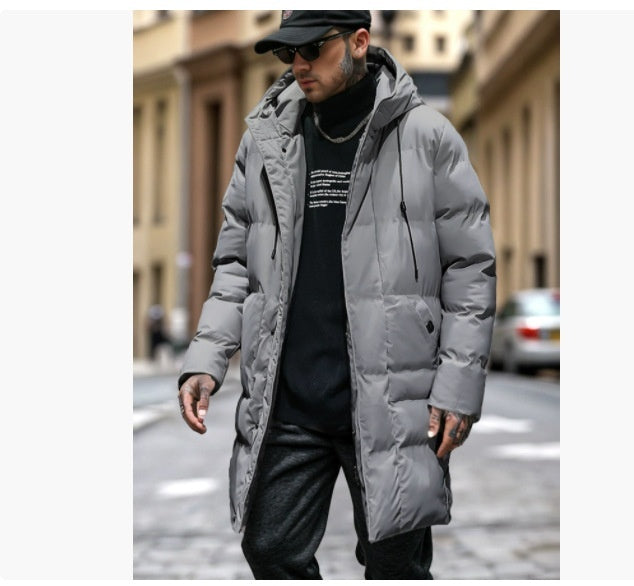 Men's Warm Long Puffer Coat - Hooded Quilted Cotton, Urban