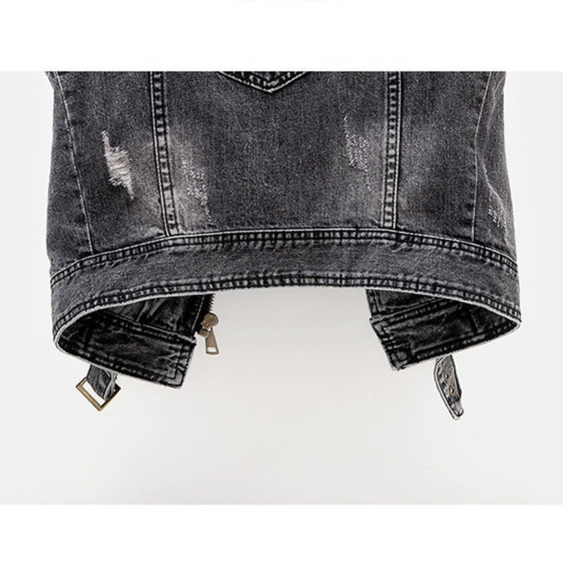 Women's Fitted Denim Vest - Moto Crop, Distressed, Casual