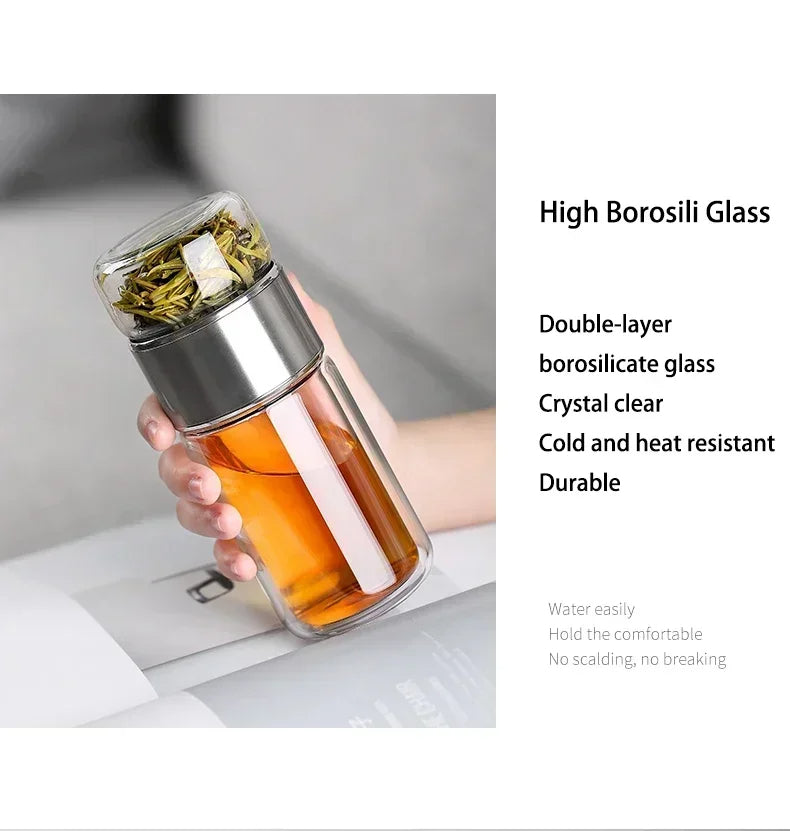 Infuser Tea Bottle Borosilicate Glass 430ml Double Layer With Built-In Strainer Leak-Proof Lid Fall 2025 Gift