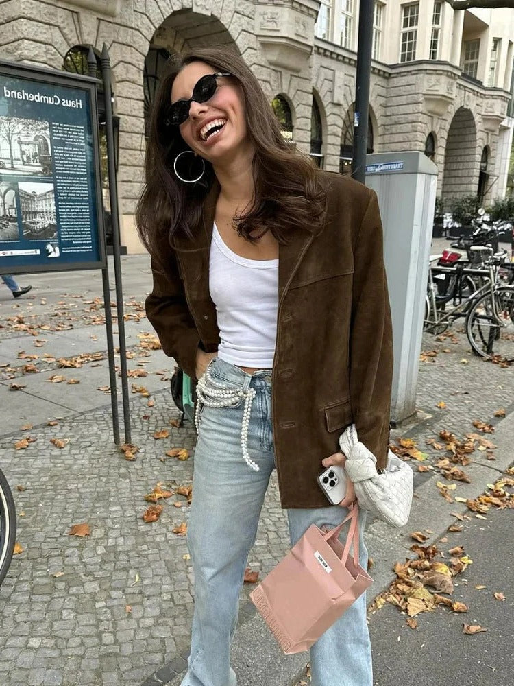 Suede Brown Jacket With Pockets Elegant Long Sleeve Coat Fall 2026 Fashion Gift Idea