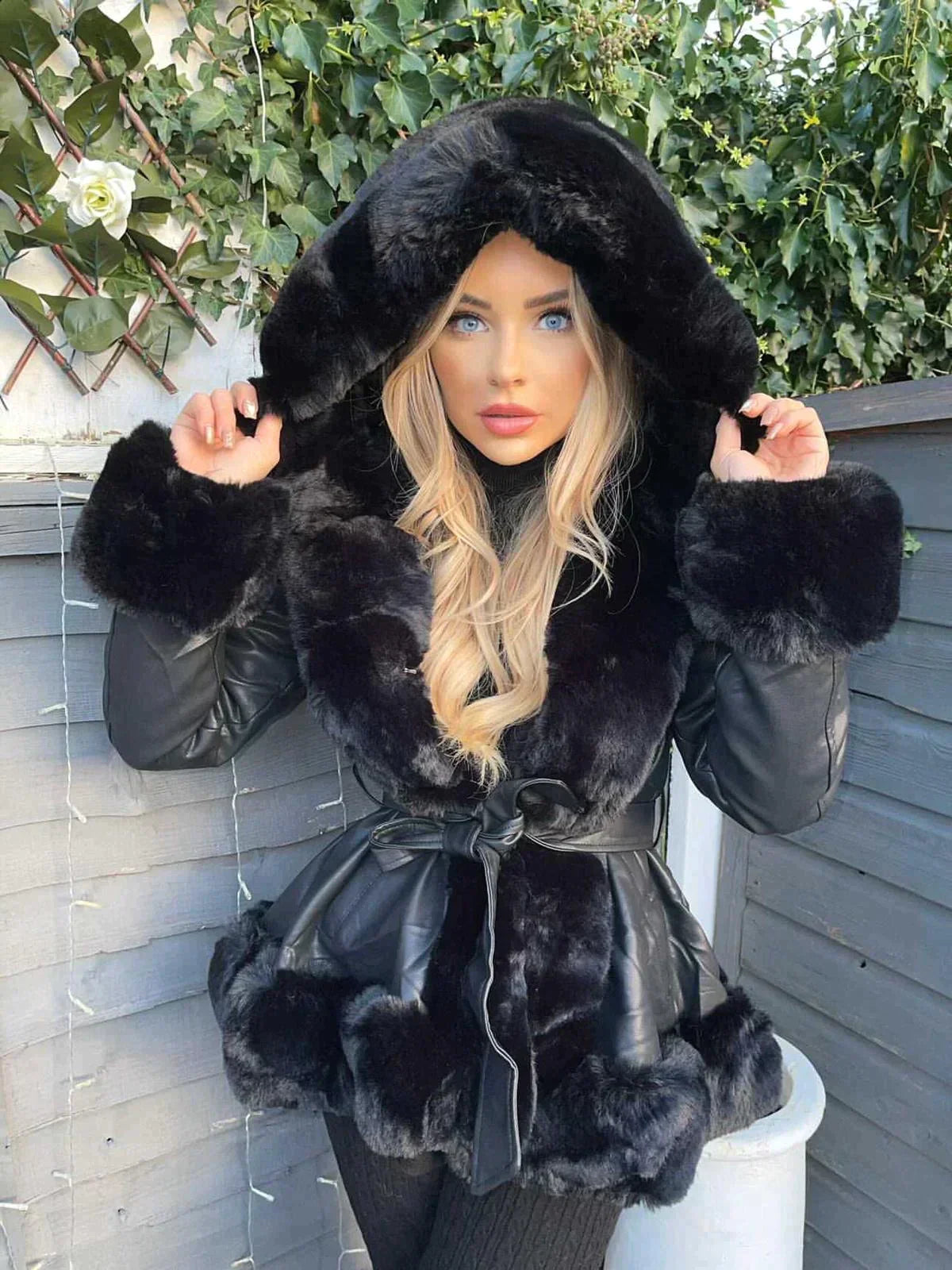 Women's Warm Hooded Coat - Peplum, Suede Like, Citywear