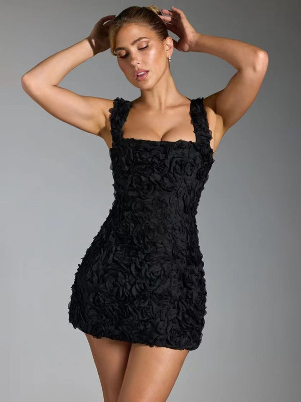 Variant image for Floral Mini Dress with Suspender Design and 3D Flower Appliqu��s for Wedding Guests and Summer Parties-3