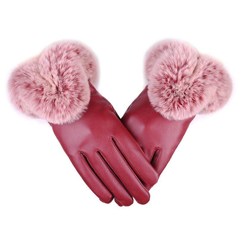 Women's Warm Leather Gloves - Faux Fur Cuff, Touchscreen