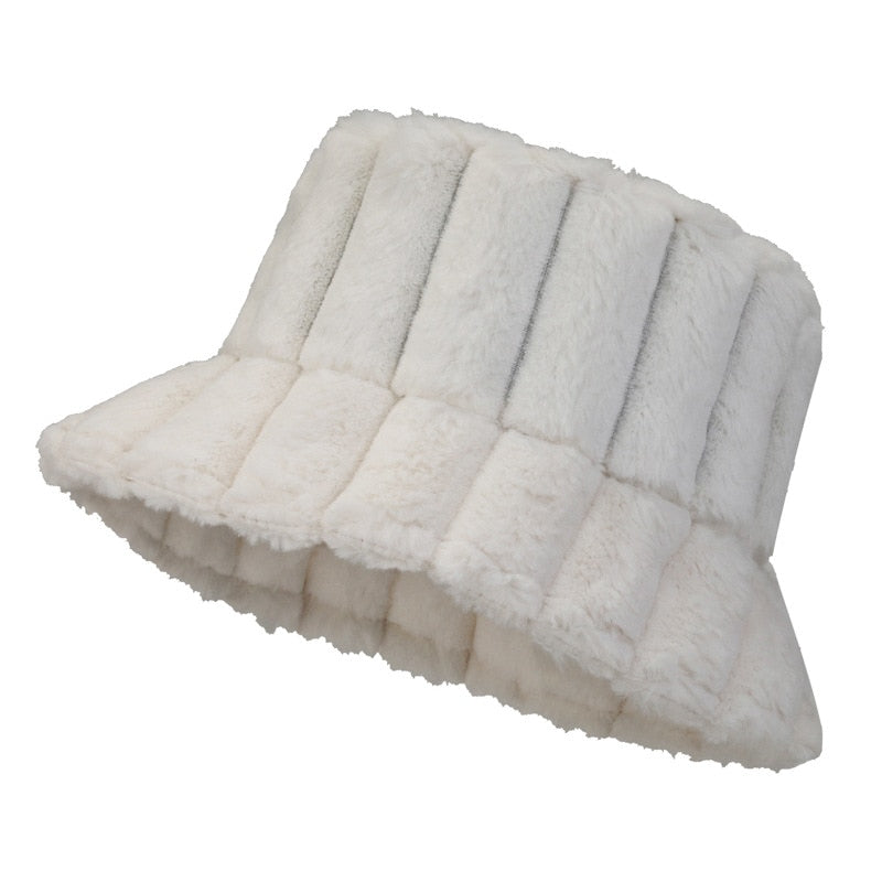 Cozy Warm Women Bucket Hat - Ribbed Faux Fur, For Winter
