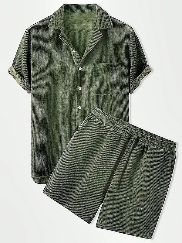 Variant image for Luxury Velvet Men's Set - Short Sleeve Shirt and Matching Shorts in Elegant Ribbed Design-13