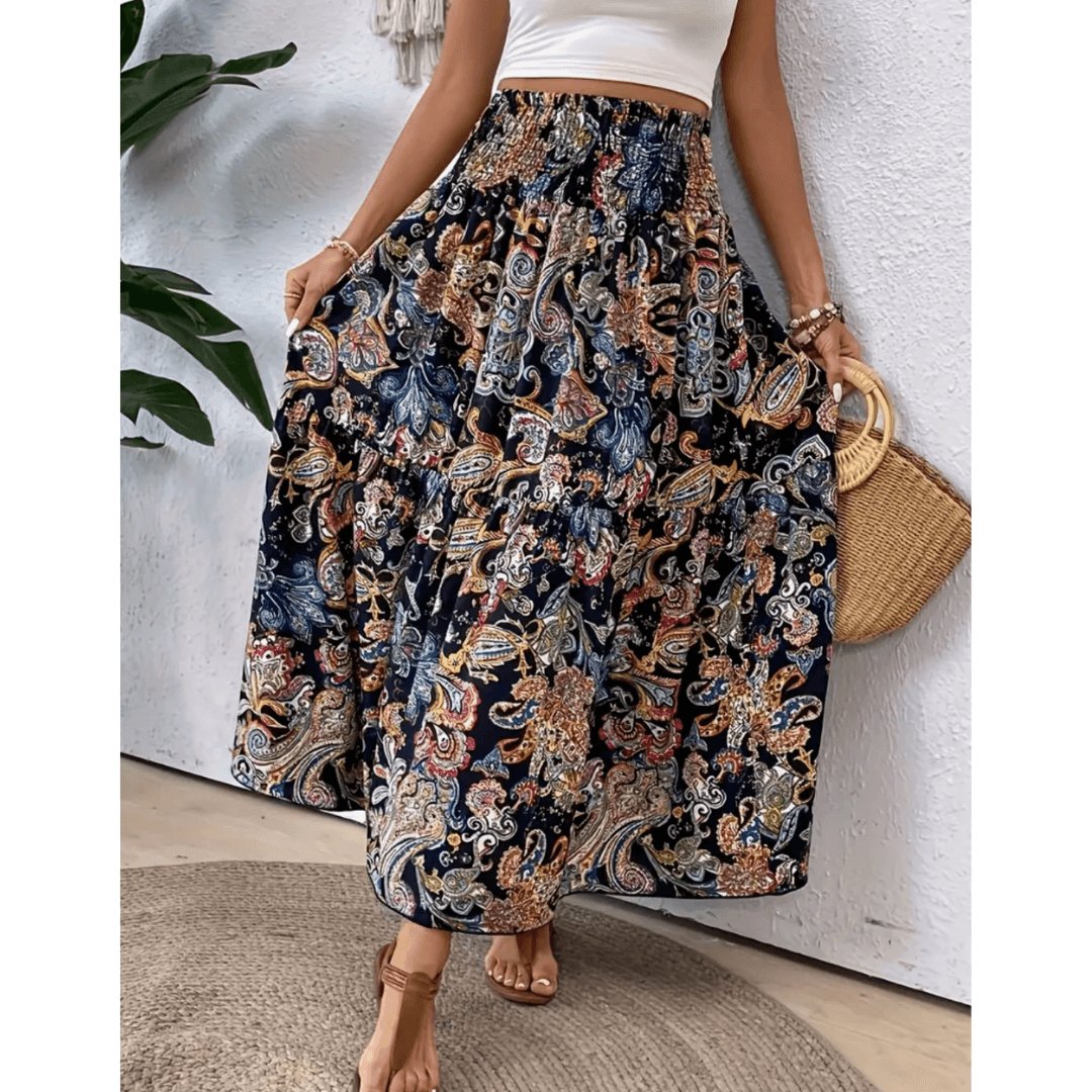 Variant image for Bohemian Multicolored Maxi Skirt for Women, Paisley Print, Elastic Waistband, Flowy Long Skirt, Comfortable Summer Wear-16