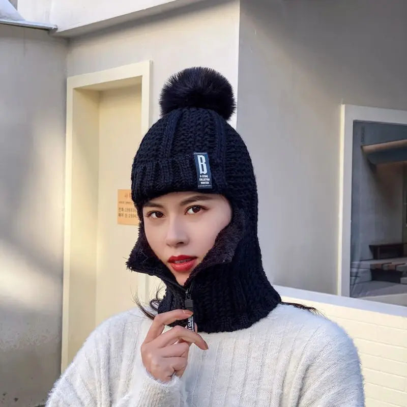 Women's Warm Knitted Balaclava - Ribbed Cotton Blend