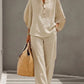 Light Women's Suit Kit - Stand-Collar Pullover Top, Balloon Sleeves, Straight-Leg Trousers, Polyester, For Office