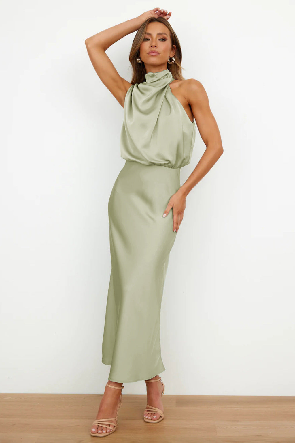 Long Satin Halterneck Formal Dress for Weddings and Elegant Occasions, Full-Length Evening Gown-1