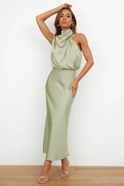 Variant image for Long Satin Halterneck Formal Dress for Weddings and Elegant Occasions, Full-Length Evening Gown-1