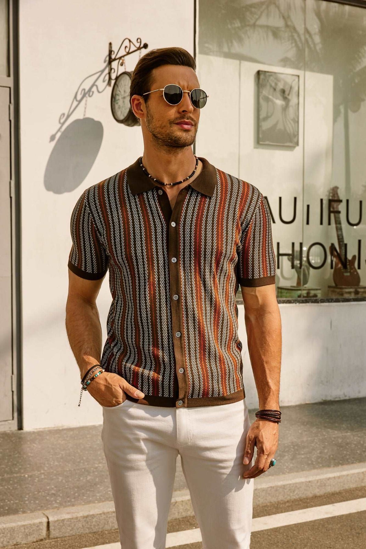 Retro Striped Polo Shirt for Men, Short Sleeve, Breathable Fabric, Vintage Style, Comfortable Fit-1