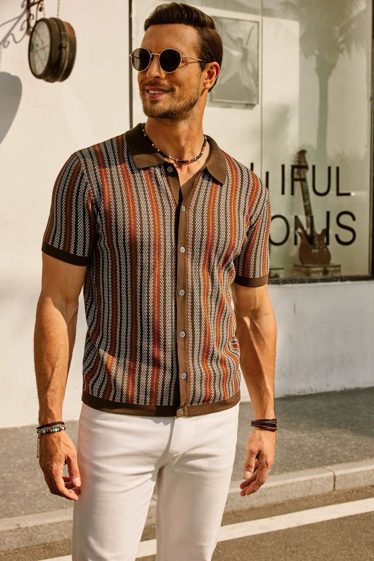Retro Striped Polo Shirt for Men, Short Sleeve, Breathable Fabric, Vintage Style, Comfortable Fit-4