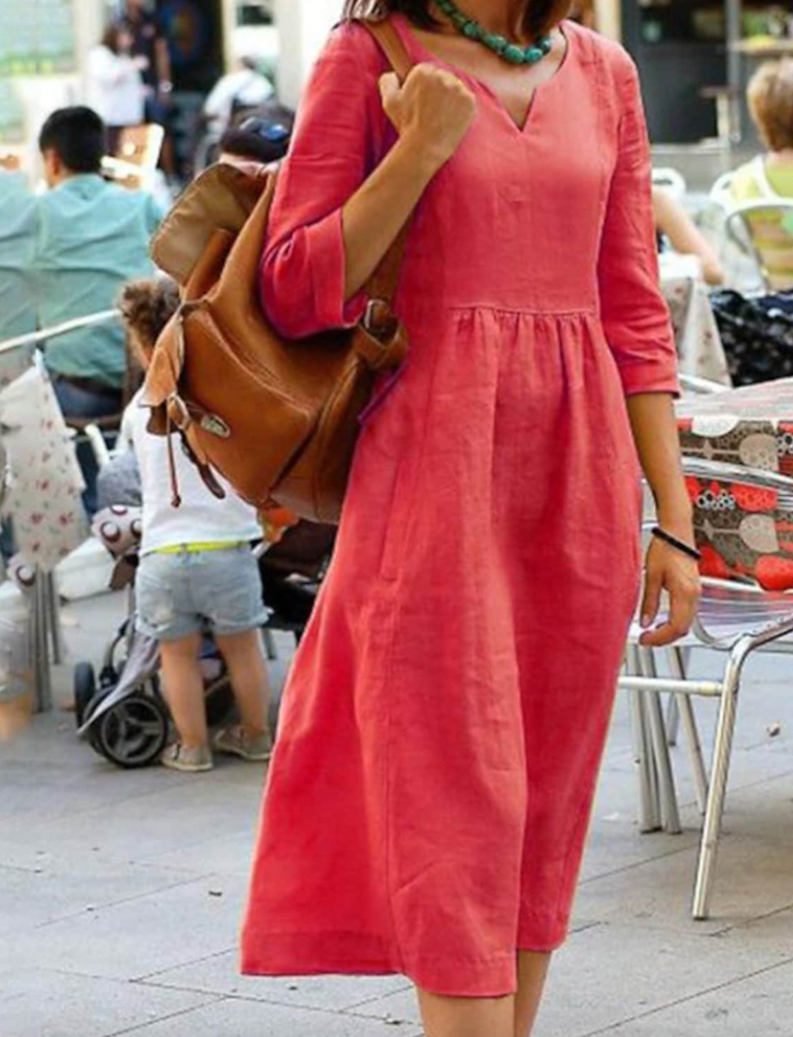 Womens Dress with 3/4 Sleeves, Flattering Fit, Comfortable Natural Fabric, Available in Multiple Colors-1