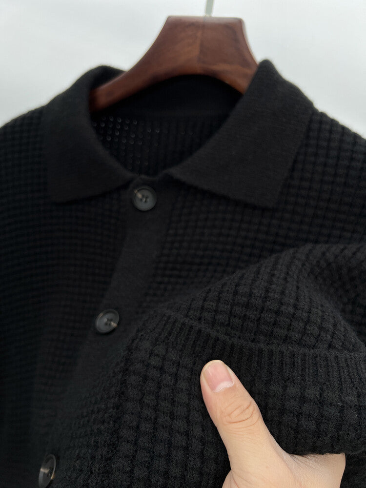 Textured Warm Men's Cardigan - Polo Lapel, Knit For Autumn