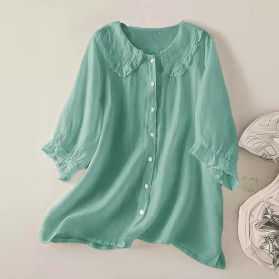 Plush women's shirt - Claudine collar, half-sleeve, relaxed fit, casual everyday wear with denim