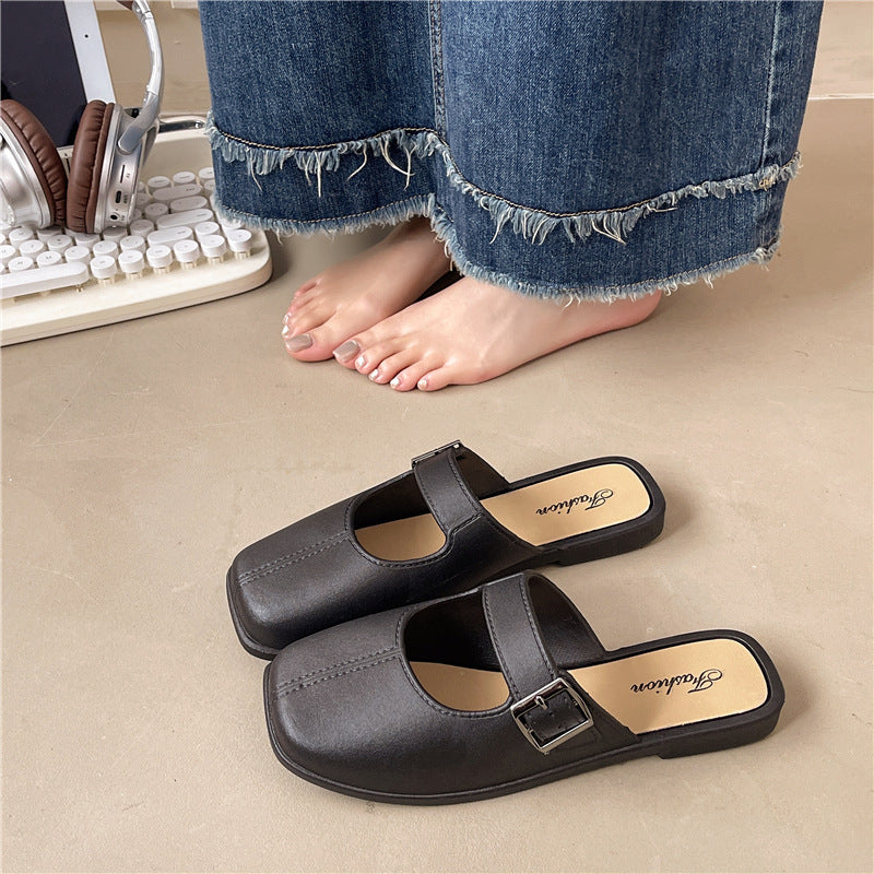 French-style vintage closed-toe flat, PVC, everyday wear – Plush women's slippers