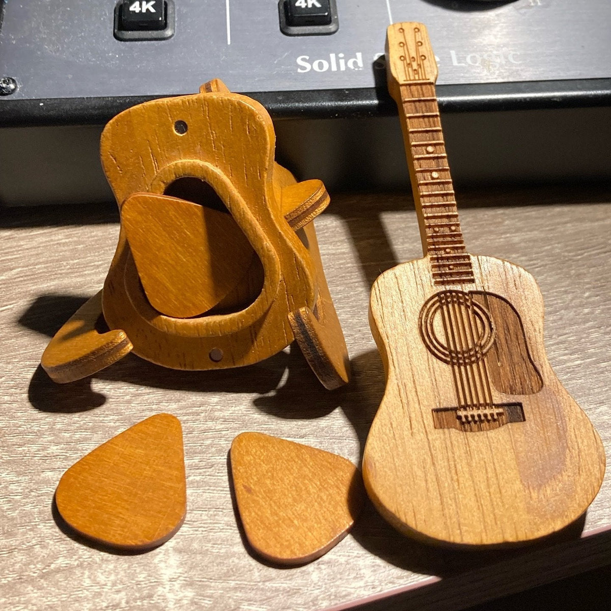 Organic Wood Guitar Pick Holder Case - Mini Acoustic Design for Musicians, Great Gift Idea