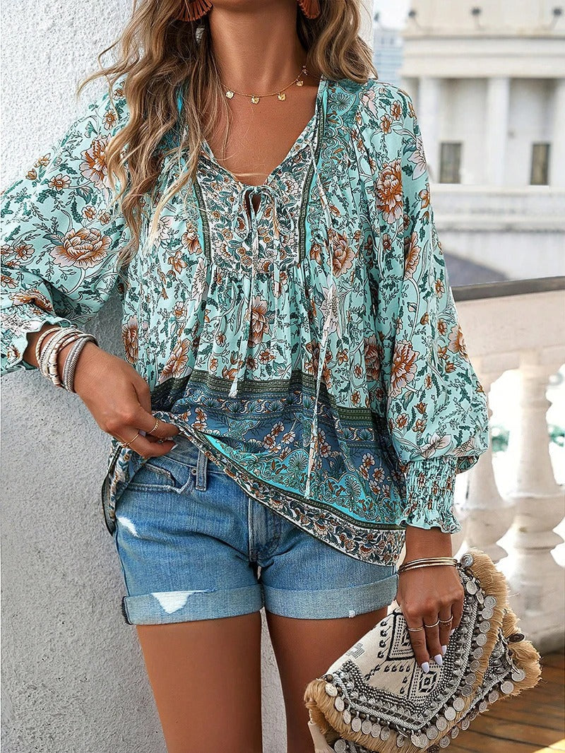 Variant image for Summer Floral Blouse for Women, Lightweight Cotton Top with Adjustable Fit and Boho Design, Perfect for Casual Outings-9