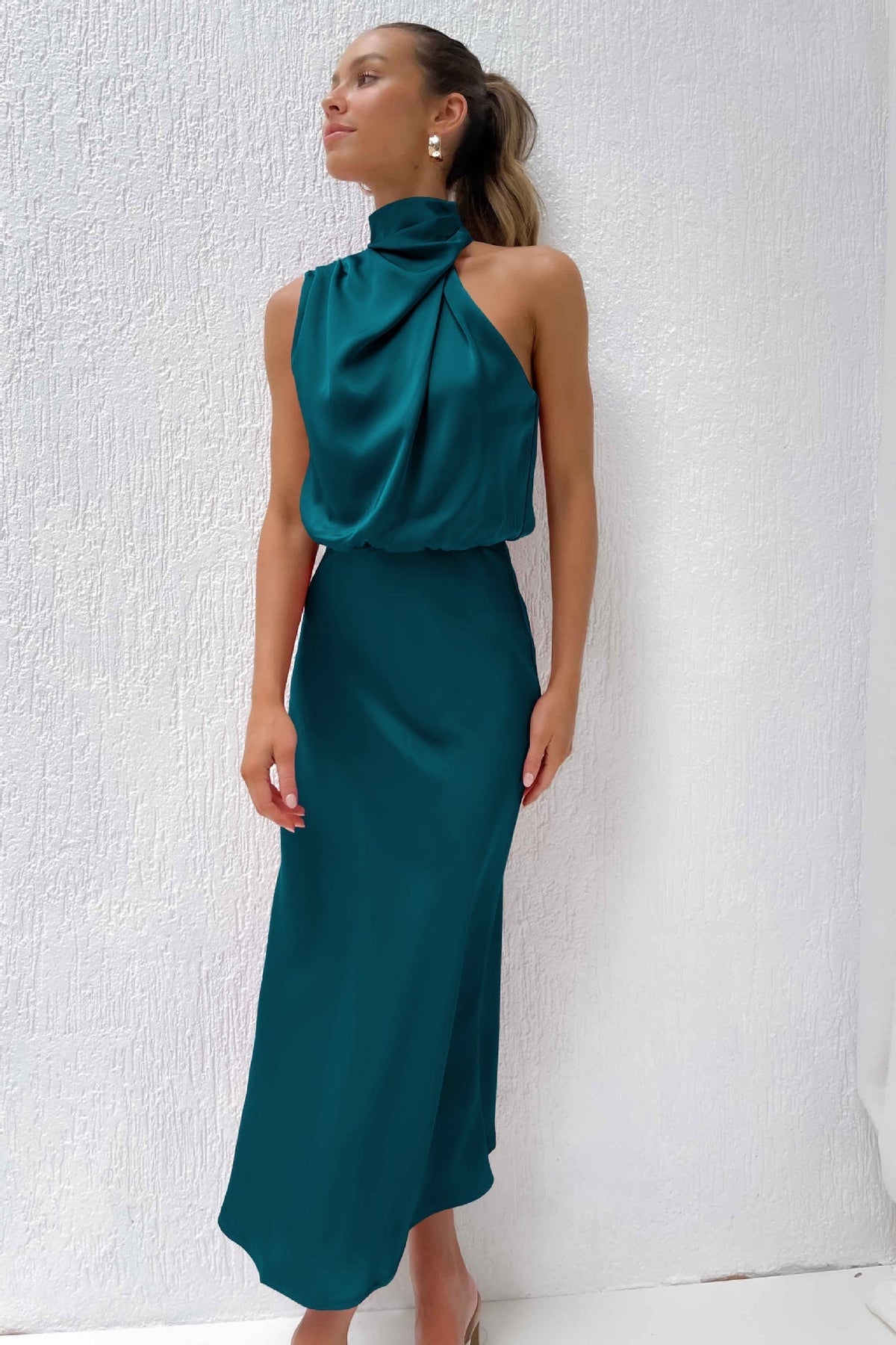 Variant image for Long Satin Halterneck Formal Dress for Weddings and Elegant Occasions, Full-Length Evening Gown-8