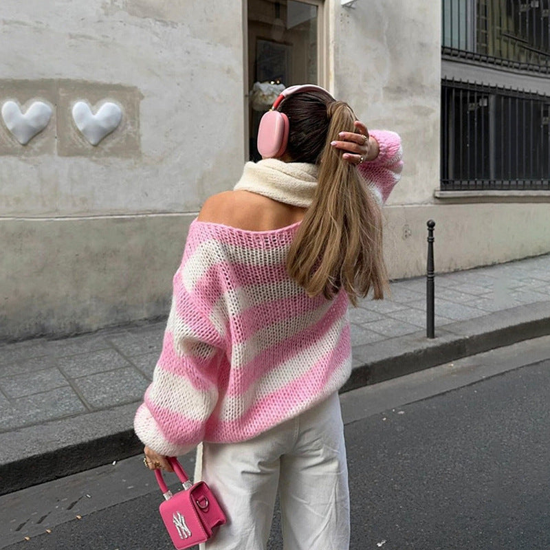 Cozy Oversized Women’s Pullover Sweater - Striped Knit