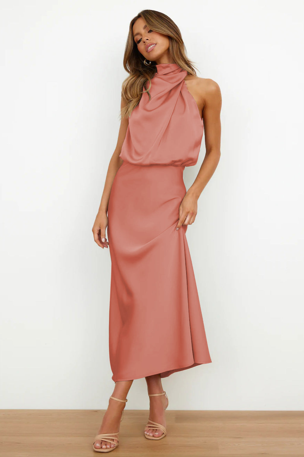 Long Satin Halterneck Formal Dress for Weddings and Elegant Occasions, Full-Length Evening Gown-5