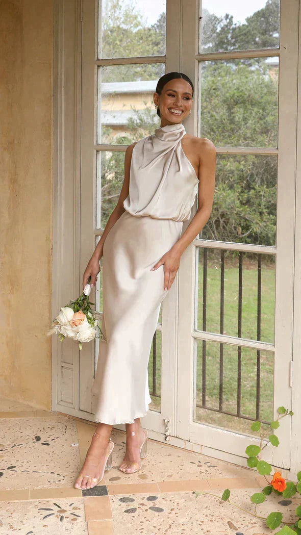 Elegant Long Sleeve Dress in Shimmering Fabric, Fluid Silhouette for Formal Events, Full-Length Long Dress for Women-1