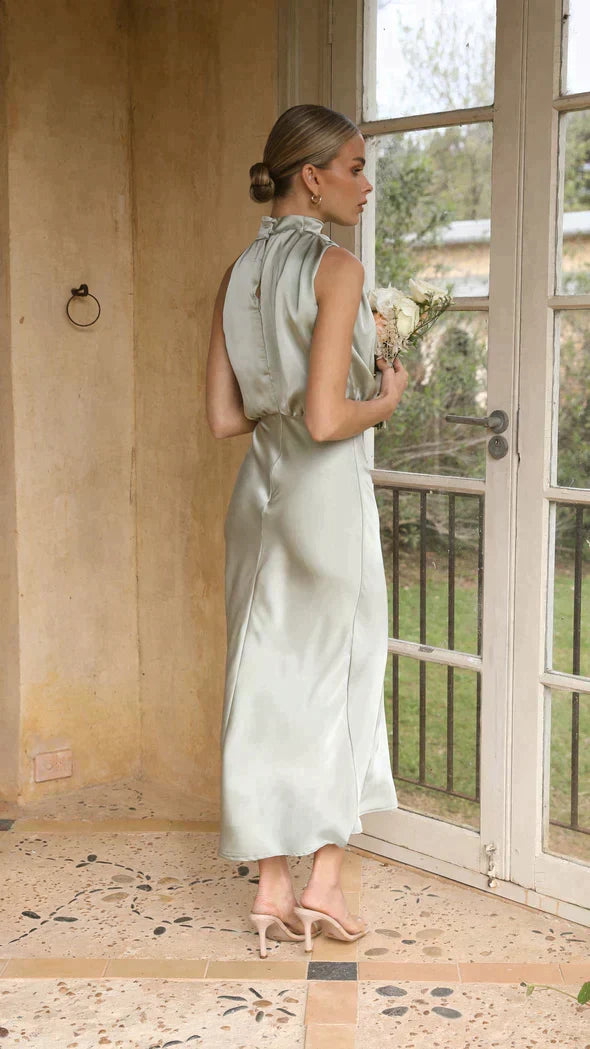 Elegant Long Sleeve Dress in Shimmering Fabric, Fluid Silhouette for Formal Events, Full-Length Long Dress for Women-4