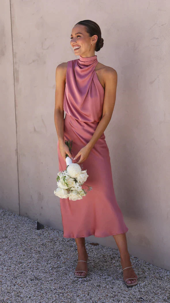 Elegant Long Sleeve Dress in Shimmering Fabric, Fluid Silhouette for Formal Events, Full-Length Long Dress for Women-6
