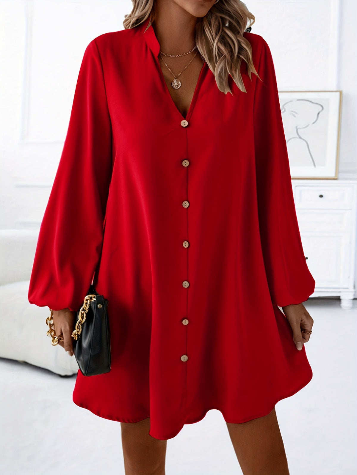 Variant image for Airy Casual V-Neck Long Sleeve Dress for Women, Loose Fit Summer Midi Dress in Multiple Colors-11