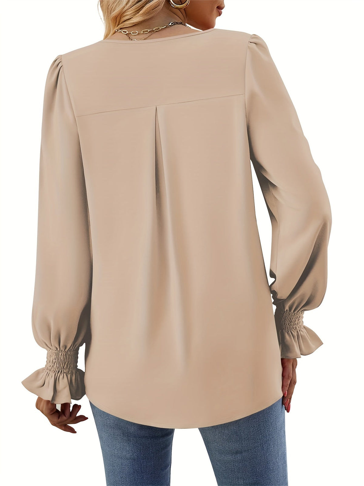 Elegant Women's Blouse in Solid Color, Lightweight Polyester V-Neck Top for Spring and Autumn Styling-3