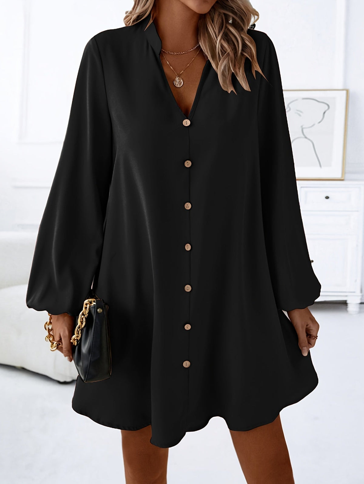 Airy Casual V-Neck Long Sleeve Dress for Women, Loose Fit Summer Midi Dress in Multiple Colors-4